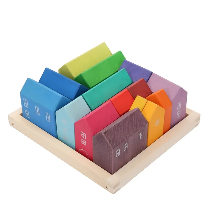 15 Pcs Little Village Wooden House Toys Building Blocks