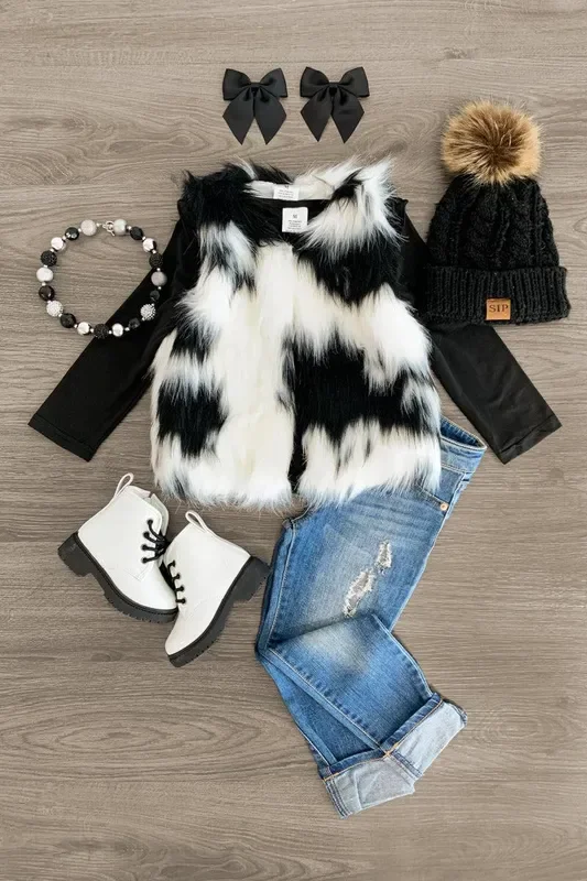 2 Piece – Black & White Fur Vest Set