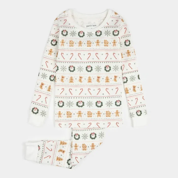 2PC PJ SET: L/S TOP + PANT KNIT-OFFWHITE HOLIDAY WREATHS
