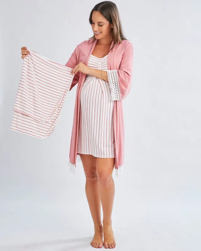 3-Piece Maternity Hospital Pack Set: Nursing nightie + Robe + Baby wrap In Pink
