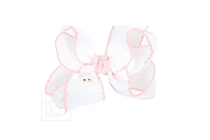 4.5 ” Embroidered Santa Crochet Edge Hair Bow: White w/ Light Pink Edge