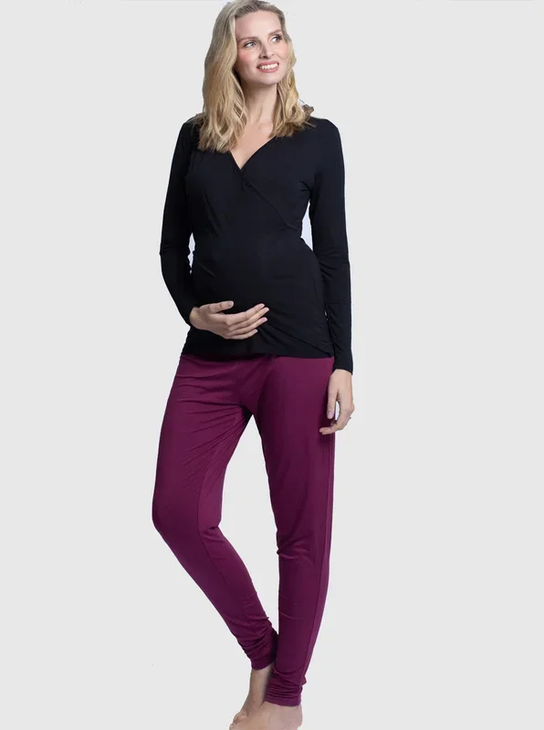 4-Piece Maternity & Nursing Lounge Outfit Set – Black & Burgundy