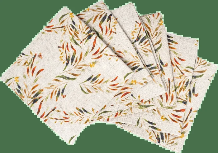 6 Organic Linen Napkins In Red Palm