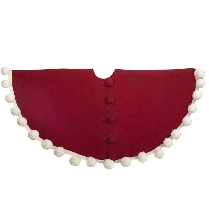72 ” Handmade Christmas Tree Skirt In Felt – Pom Poms On Red