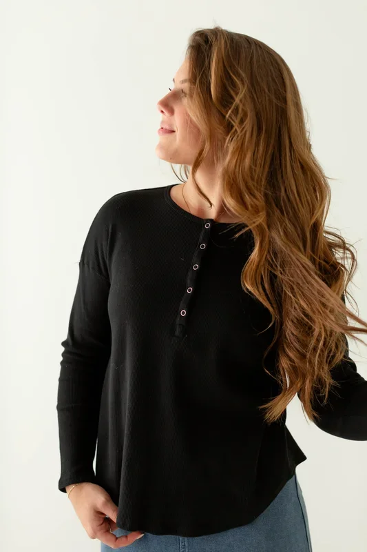 ‘Ari’ Long Sleeve Waffle Knit Henley Top FINAL SALE