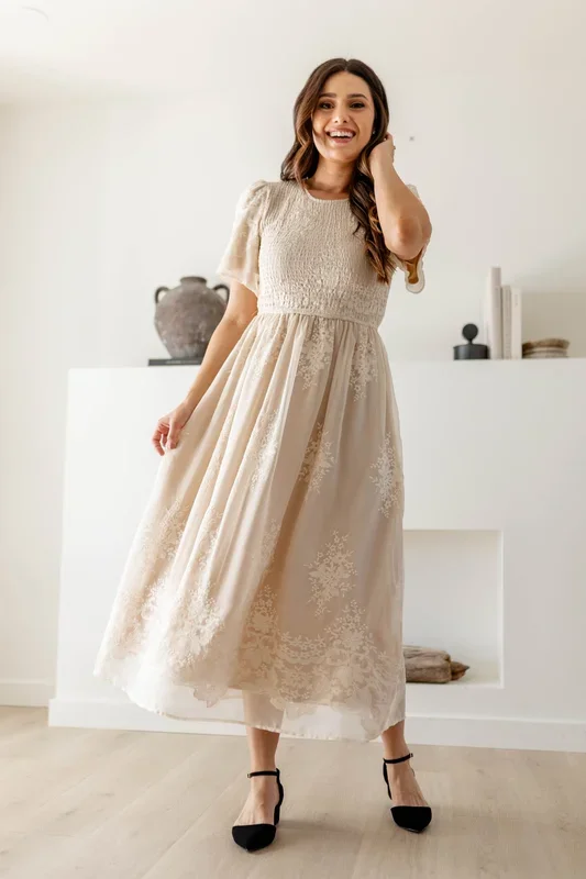 ‘Aster’ Smocked Bodice Embroidered Floral Midi Dress in Champagne