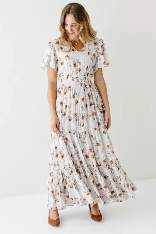 ‘Elizabeth’ Copper Blossom Tiered Maxi Dress in Ivory FINAL SALE