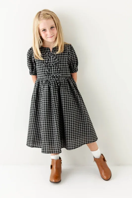 ‘Ellie’ Girl Bow Front Plaid Midi Dress