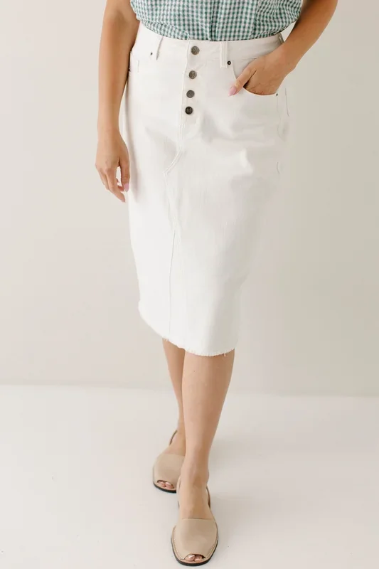 ‘Haven’ Knee Length Stretch Denim Skirt in Ivory FINAL SALE