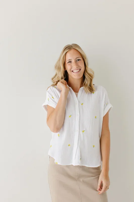 ‘Lemon’ Embroidered Cotton Gauze Button Down Top in White FINAL SALE