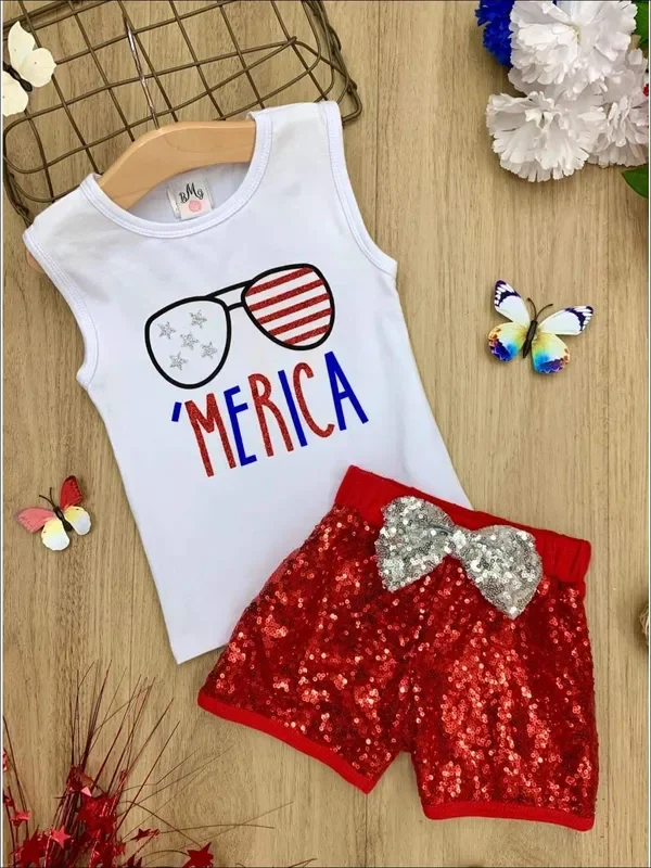‘Merica Top and Sequin Bow Short Set