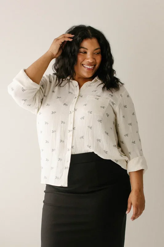 ‘Morgan’ Leaf Print Cotton Button Down Top in Cream FINAL SALE