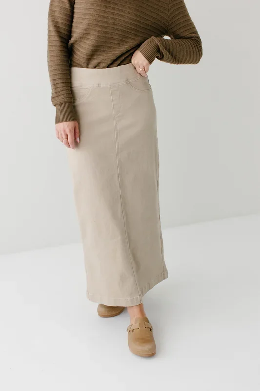 ‘Sara’ Long Stretch Denim Skirt in Khaki FINAL SALE
