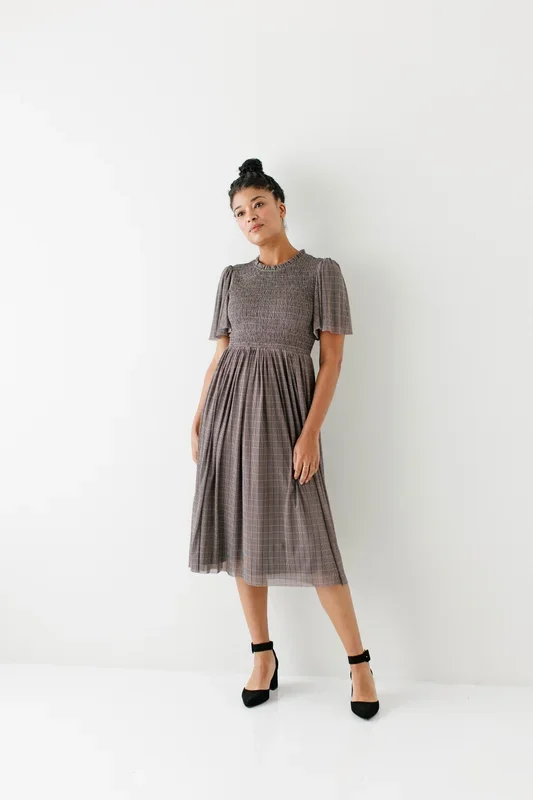 ‘Tryphena’ Smocked Bodice Plaid Print Mesh Midi Dress