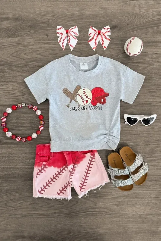 “Baseball Season ” Gray & Red Ombre Denim Short Set