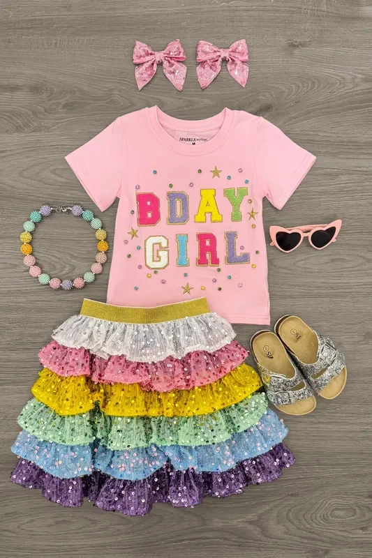 “Bday Girl ” Rainbow Ruffle Sequin Skirt Set