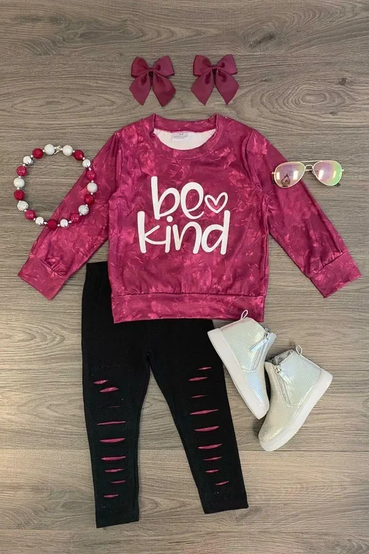“Be Kind ” Burgundy Distressed Legging Set