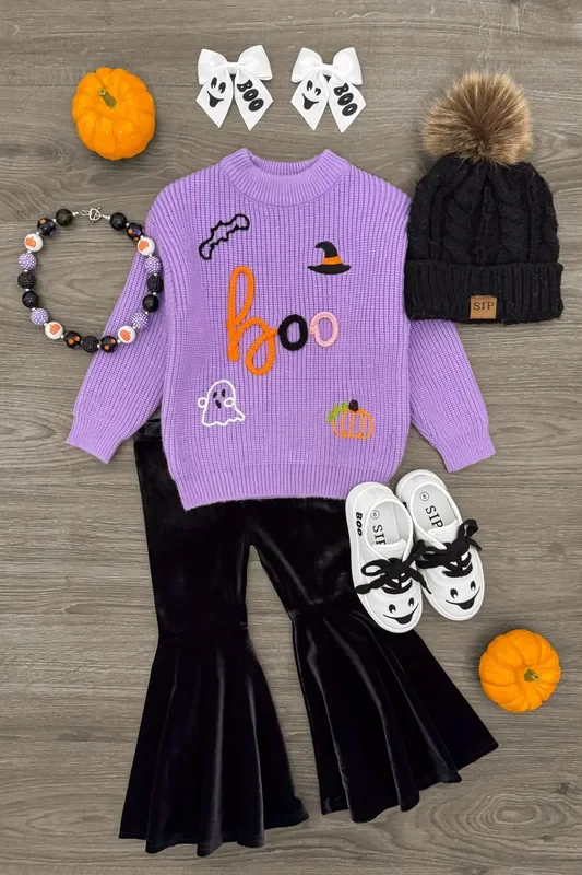 “Boo ” Purple Knit Sweater Bell Bottom Set