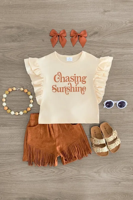 “Chasing Sunshine ” Brown Fringe Suede Short Set