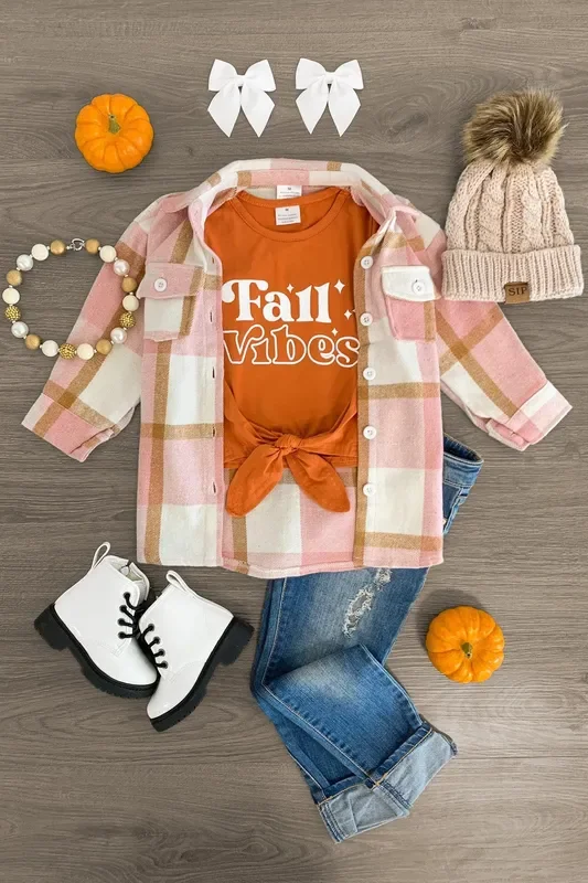 “Fall Vibes ” Orange & Pink Flannel Shirt Set