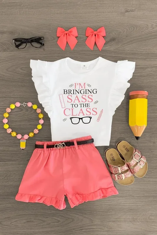 “I’m Bringing Sass To The Class ” Pink Ruffle Short Set