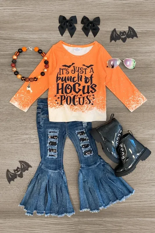 “It’s Just A Bunch Of Hocus Pocus ” Orange Denim Bell Bottom Set