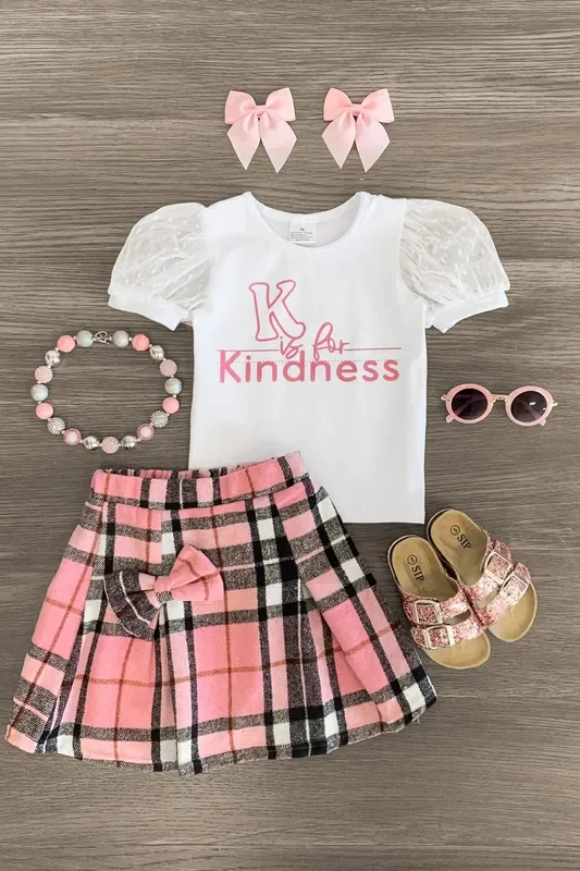 “K Is For Kindness ” Pink Flannel Skirt Set