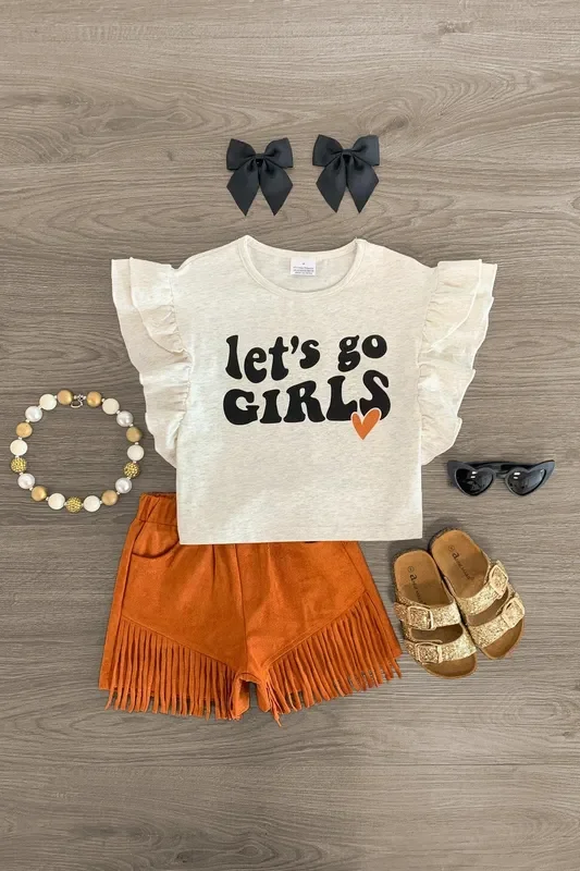 “Let’s Go Girls ” Rust Fringe Suede Short Set