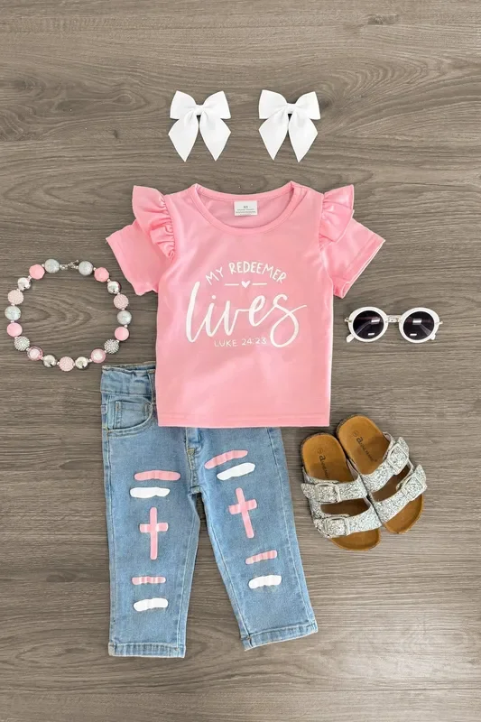 “My Redeemer Lives ” Pink Denim Pant Set