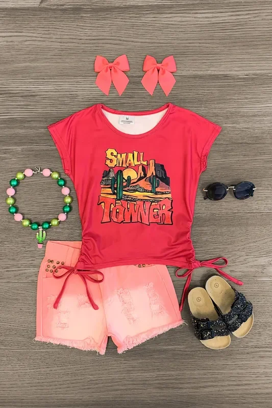 “Small Towner ” Pink Desert Denim Short Set