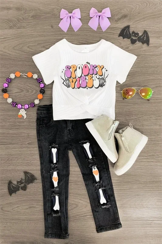 “Spooky Vibes ” Skeleton Denim Pant Set