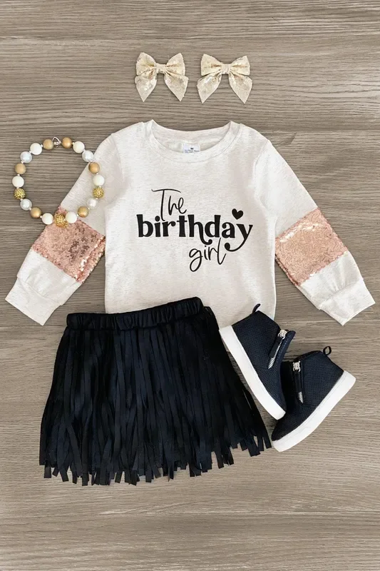 “The Birthday Girl ” Sequins & Fringe Suede Skirt Set
