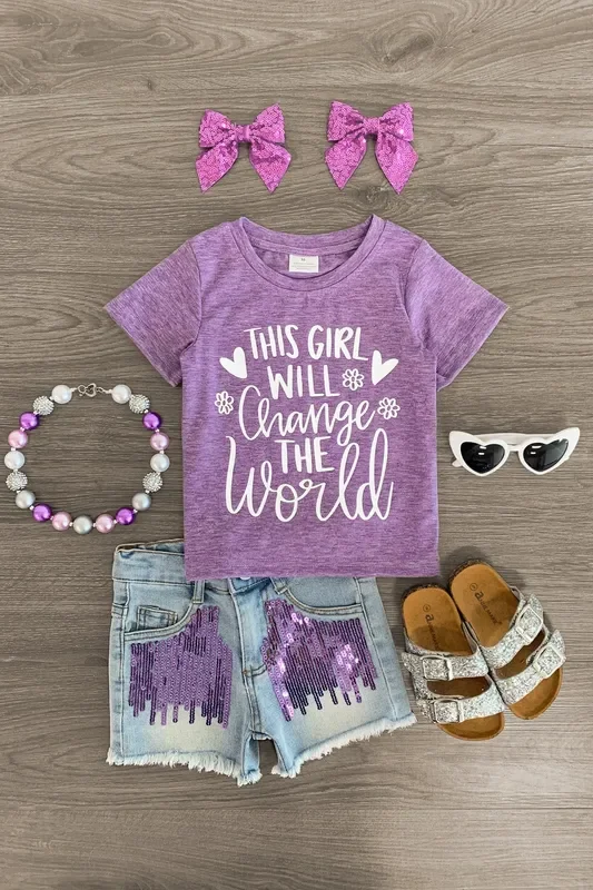 “This Girl Will Change The World ” Denim Short Set