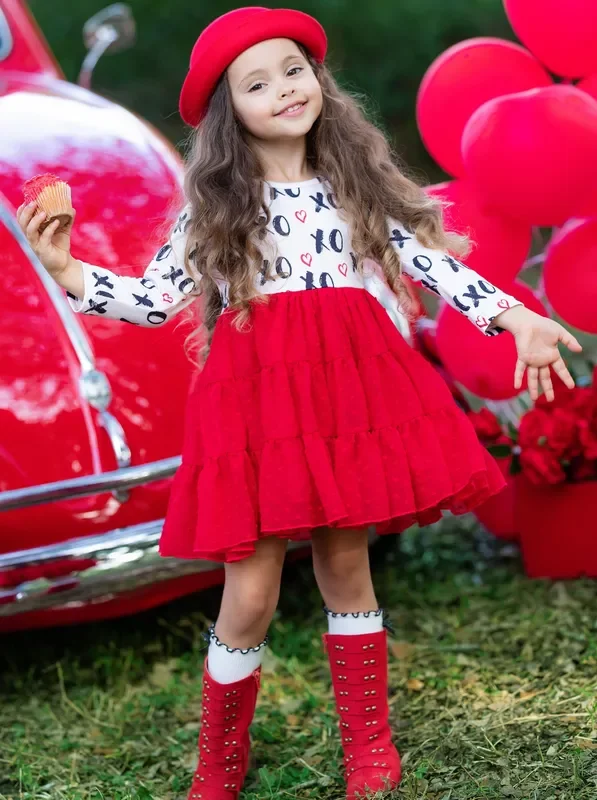 “XO ” Heart Long Sleeve Ruffle Tutu Dress