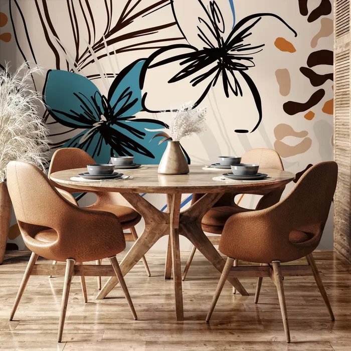 Abstract Floral Wallpaper Featuring Sketched Blooms In Blue, Black, And Brown – B636
