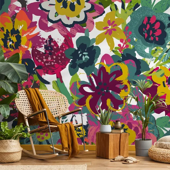 Abstract Floral Wallpaper With A Bold Brushstroke Motif In Magenta, Green, And Yellow – C109