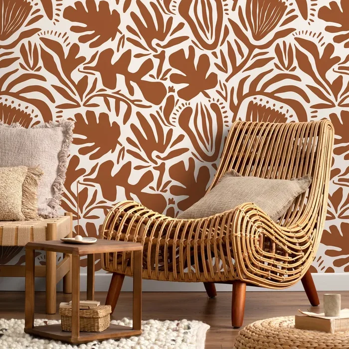 Abstract Floral Wallpaper With Bold Botanical Silhouettes In Terracotta – D709