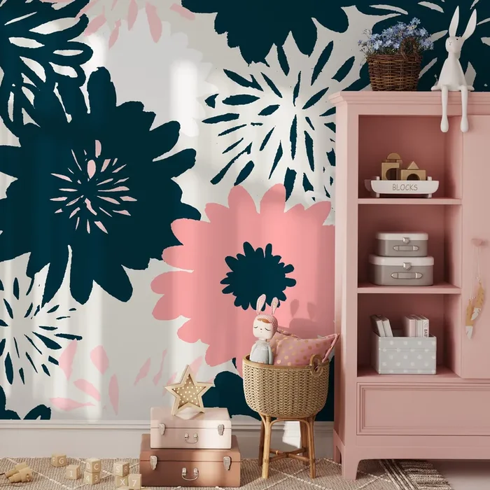 Abstract Floral Wallpaper With Bold Hand-drawn Blooms In Navy Blue And Pink – B372
