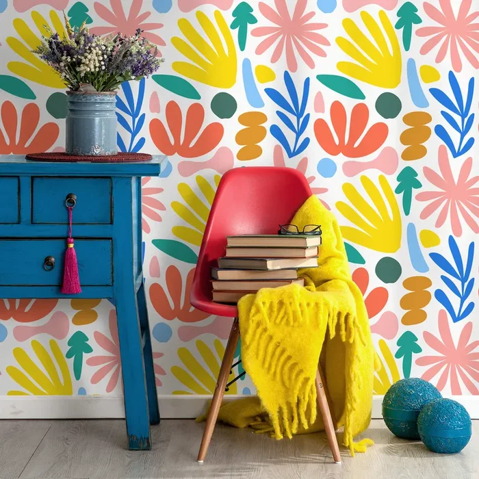 Abstract Floral Wallpaper With Colorful Organic Shapes In Yellow, Blue, And Orange – C067