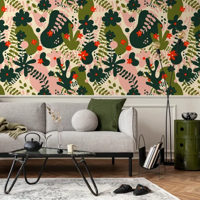 Abstract Floral Wallpaper With Organic Blooms In Green, Pink, And Red – B927