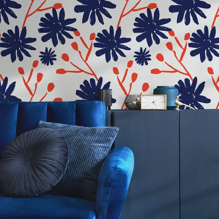 Abstract Floral Wallpaper With Stylized Blooms In Navy Blue And Red-orange – B445