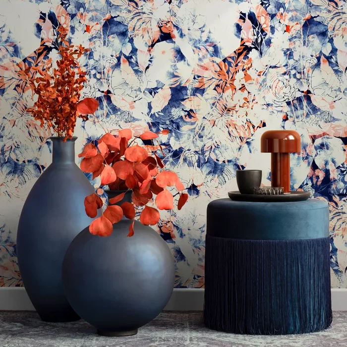 Abstract Floral Wallpaper With Watercolor Washes In Blue And Orange – B058