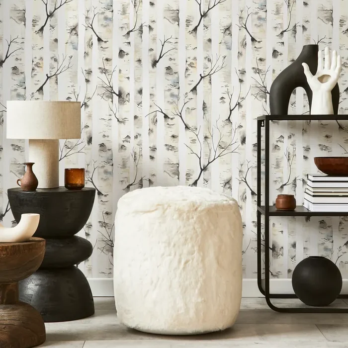 Abstract Forest Wallpaper With Watercolor Birch Trees In Gray, Beige, And Blue – C325