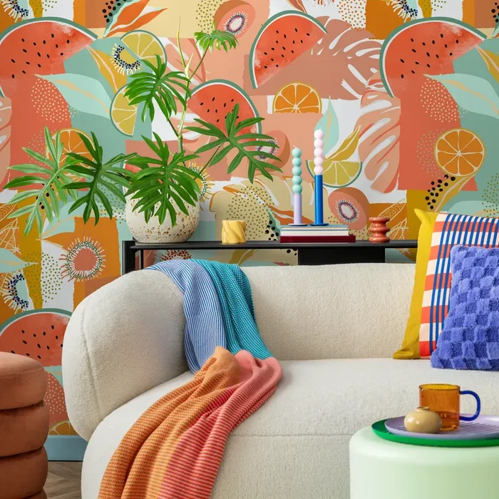 Abstract Wallpaper Featuring A Collage Of Tropical Fruits In Coral, Green, And Yellow – C456