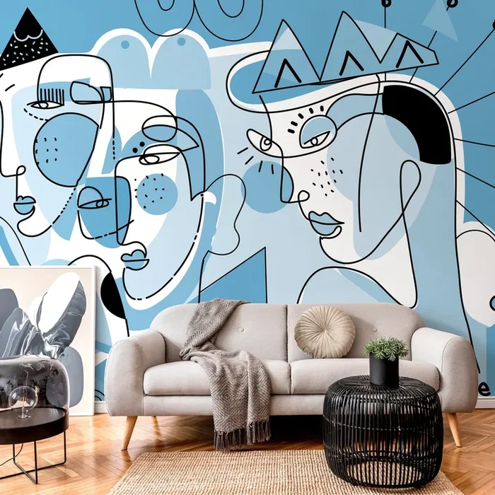 Abstract Wallpaper Featuring Modern Line Art Faces In Light Blue And Black – D606