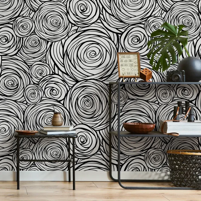 Abstract Wallpaper Featuring Swirling Roses In Black And White – B691