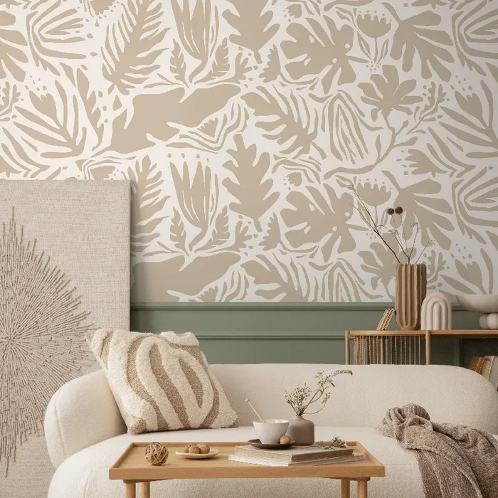 Abstract Wallpaper With A Boho Botanical Motif In Beige And Cream – D665
