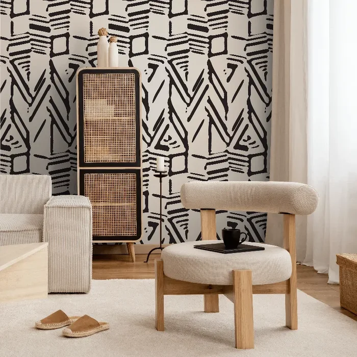 Abstract Wallpaper With A Bold Block Print Motif In Black And Beige – C568