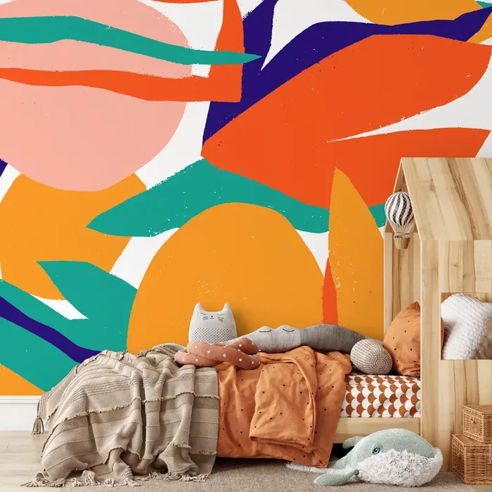 Abstract Wallpaper With A Bold Collage Motif In Orange, Blue, And Teal – B528