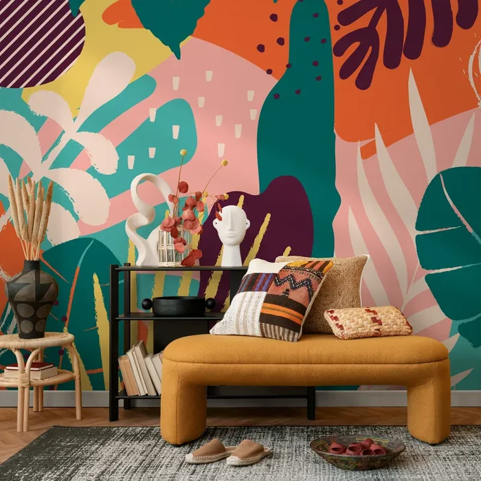 Abstract Wallpaper With A Bold Collage Of Shapes In Orange, Teal, And Pink – B730